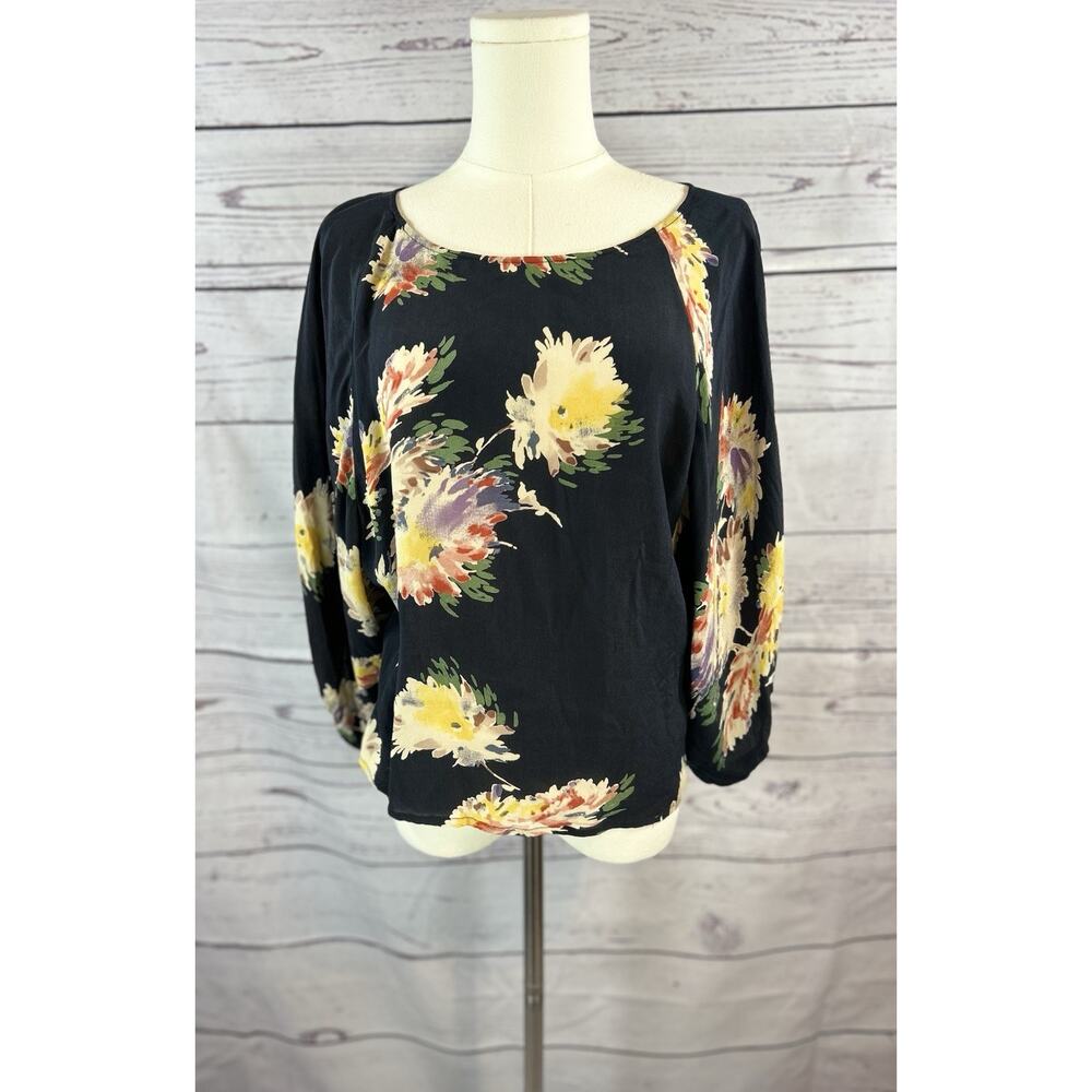 Anthropologie Lil Blue Floral Silk Blouse Size 2 Boho 3/4 Sleeve Top
